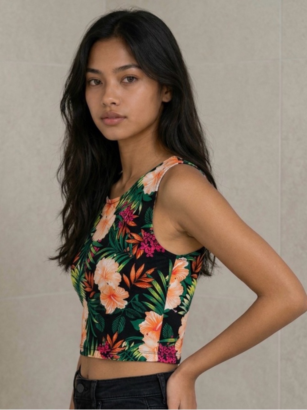 Tropical Floral Crop Top - Black & Orange Size S